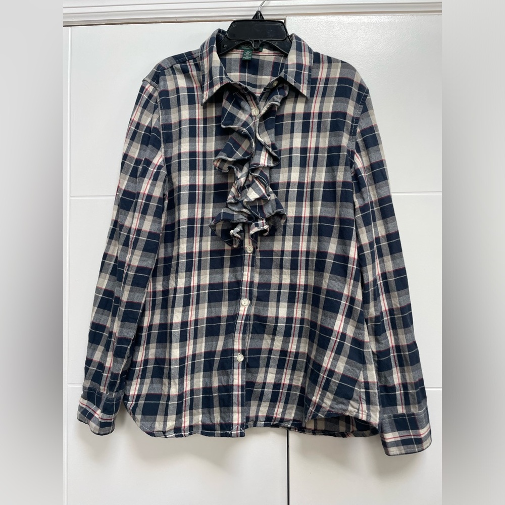 Ralph Lauren Jeans Co. Plaid women’s Ruffled Flannel Button Shirt Navy Vintage M